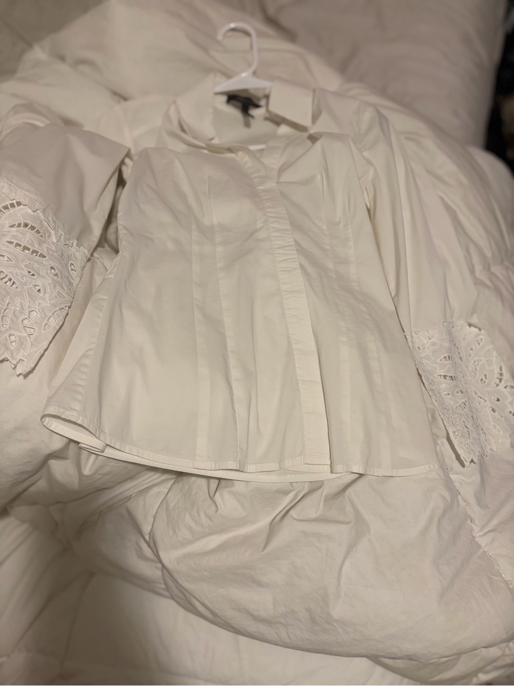 BCBGMaxAzria Cream Button-Down Blouse with Lace Sleeves